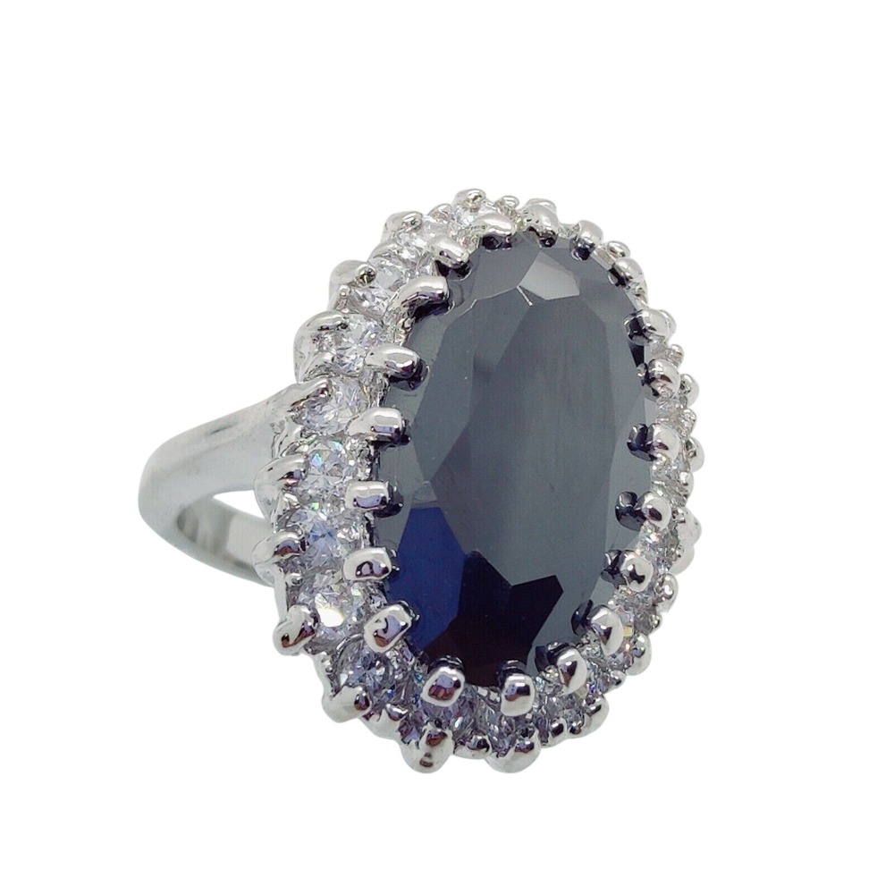 Oval Cut Black Gem CZ Halo Silver Tone‎ Size 9 Statement Womens Cocktail Ring